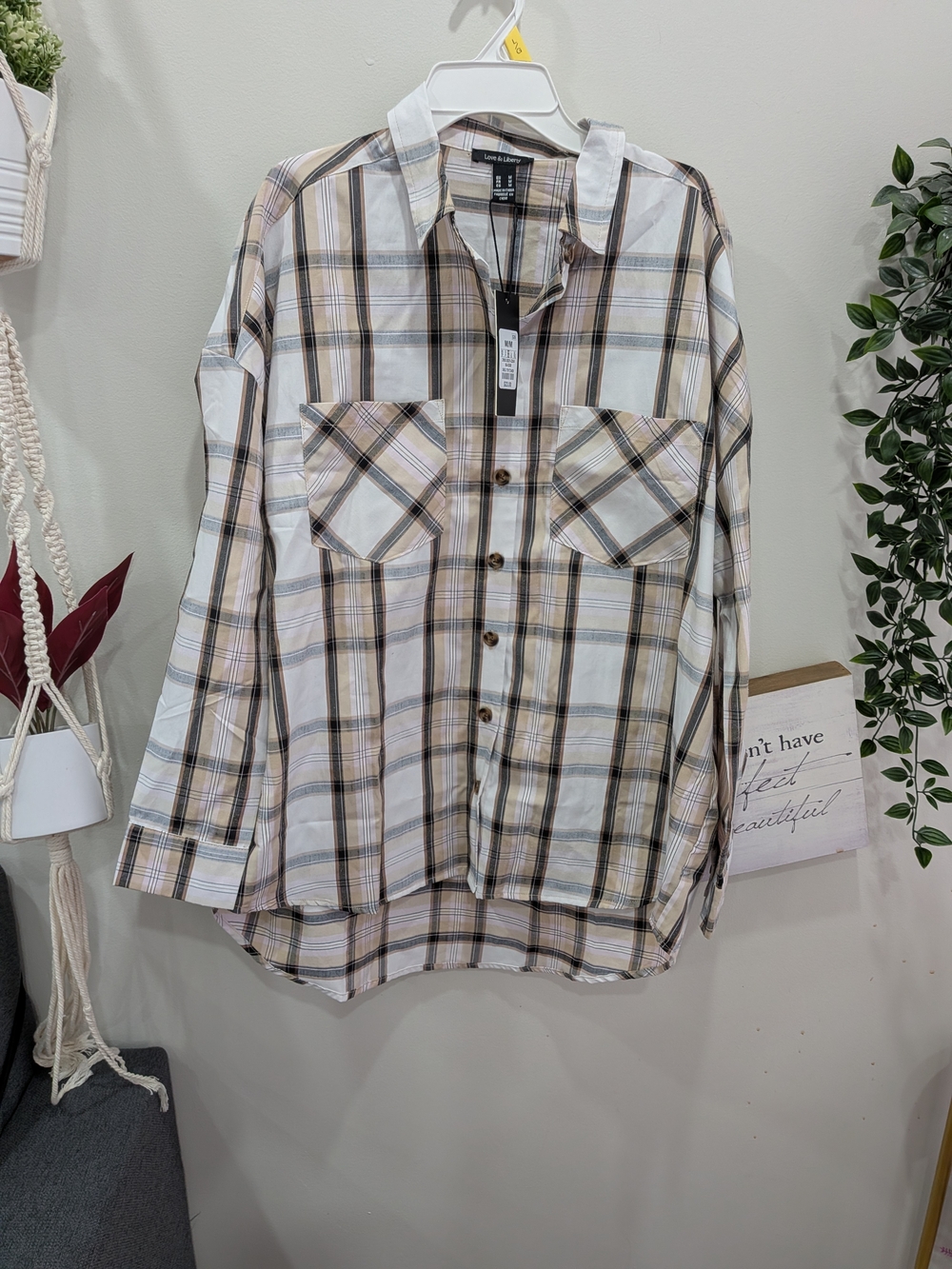 NWT Love & Liberty Beige Plaid Button-Down Shirt